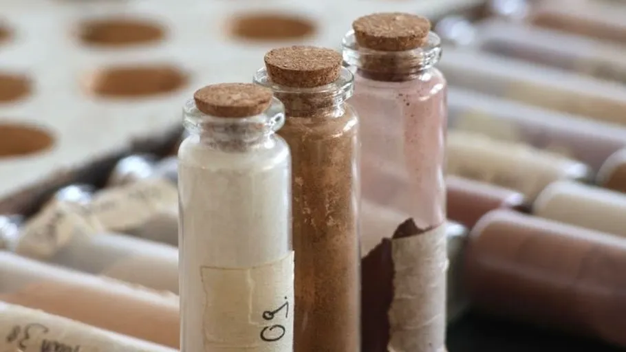 Three corked bottles with colored powders.
