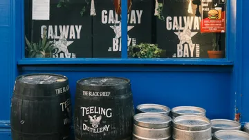 Barrels and kegs outside blue door window.
