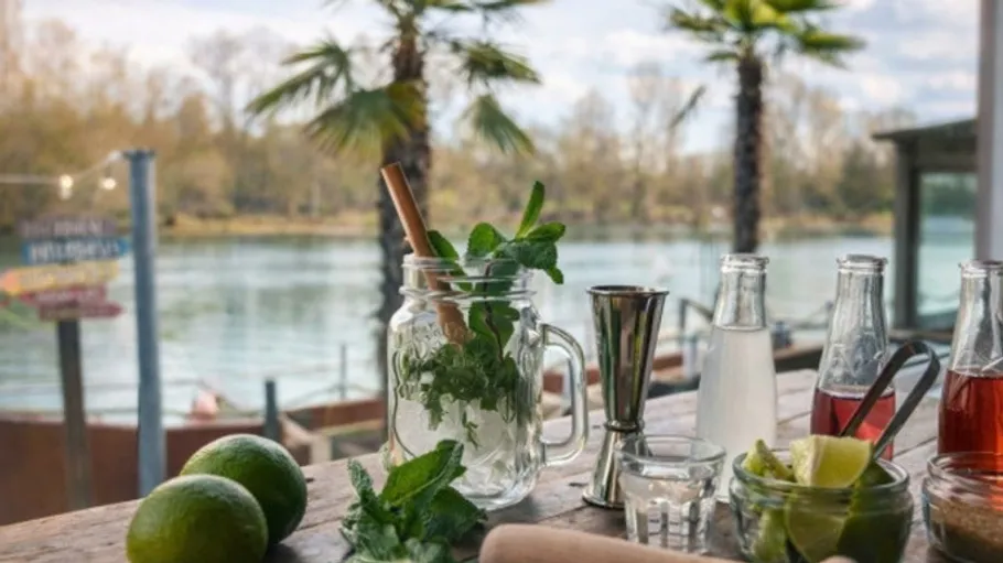 Mojito ingredients on table by river.