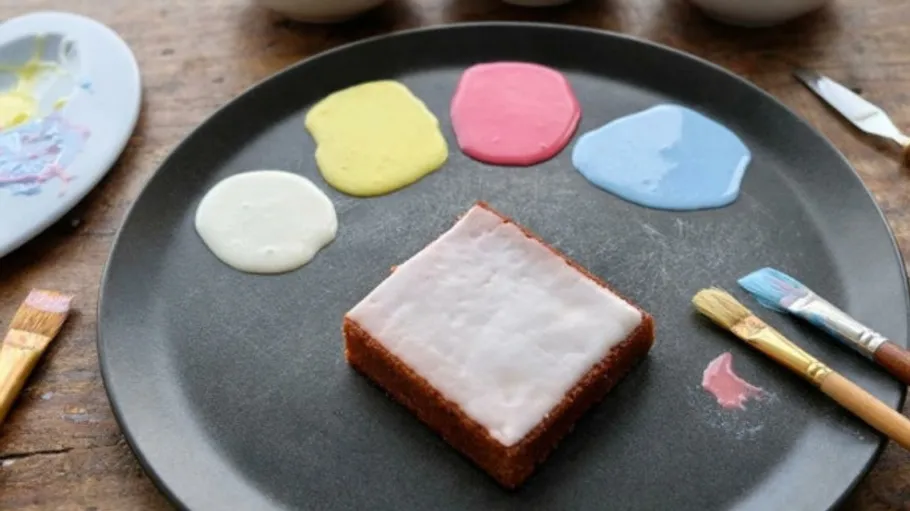 Square cake with colorful icing on plate.