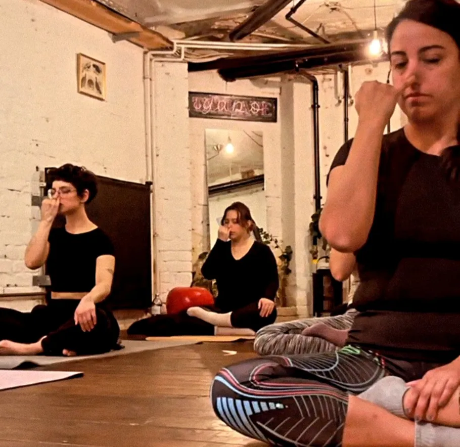 People practicing yoga breathing in a studio.