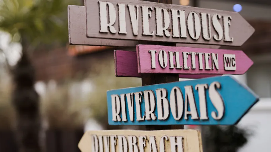 Wegweiser zeigt zu Riverhouse, Toiletten, Riverboats.