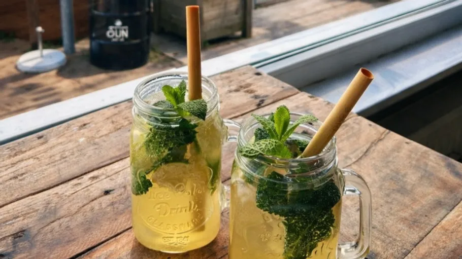 Two drinks with mint and straws on table.