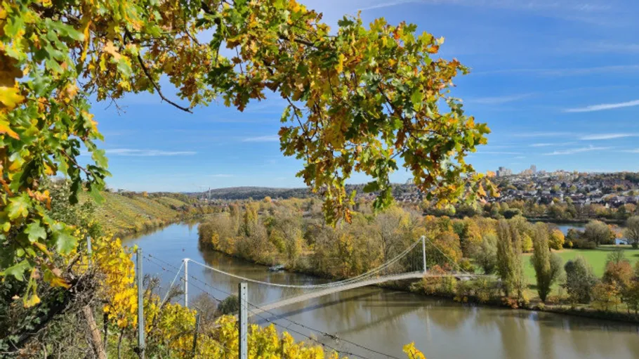 Suspension bridge over river in autumn landscape.
