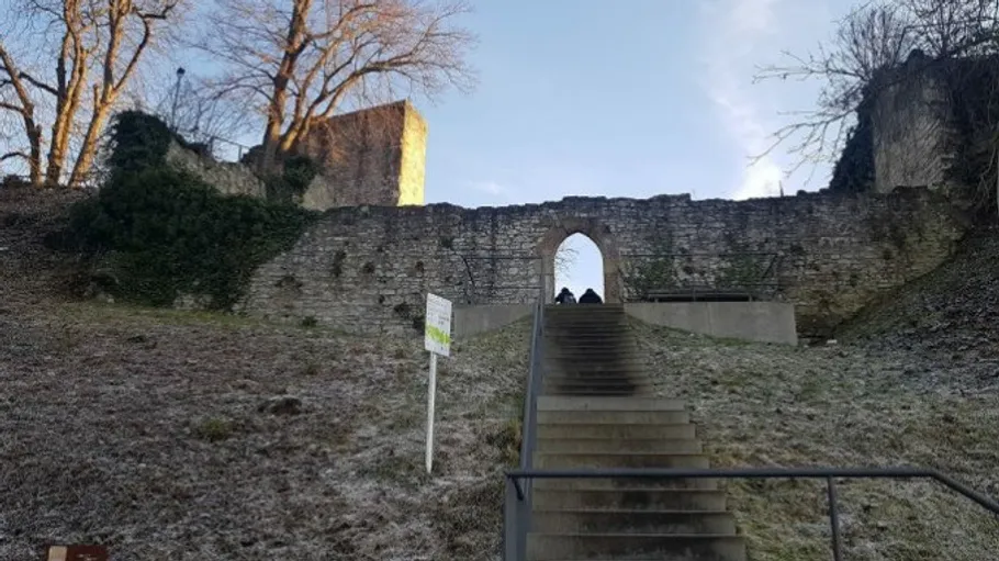 Steintreppe führt zum Burgeingang.
