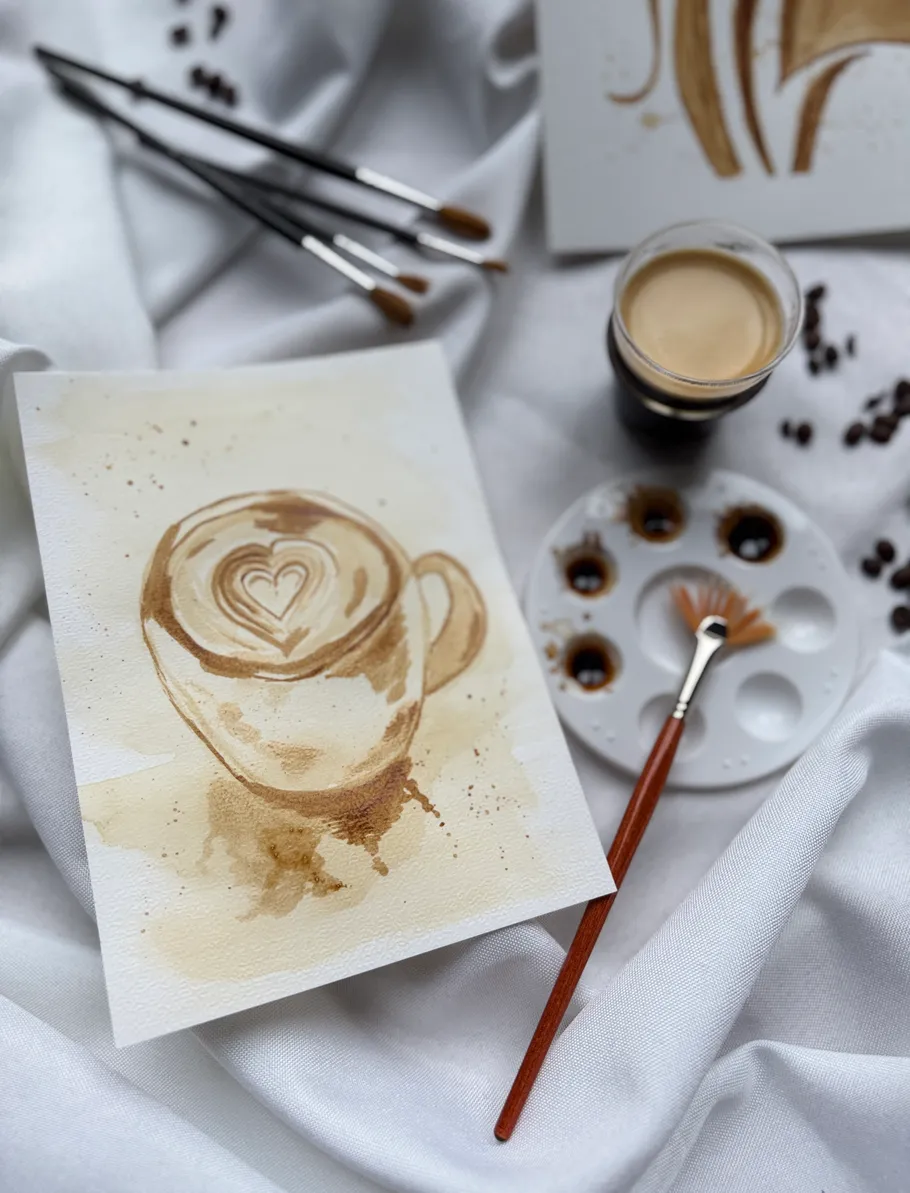 Coffee painting with brushes on white cloth.