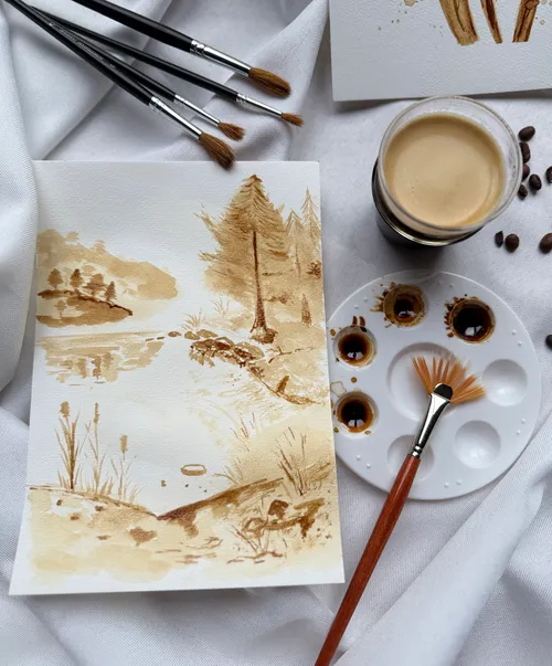Coffee painting with brushes and palette.