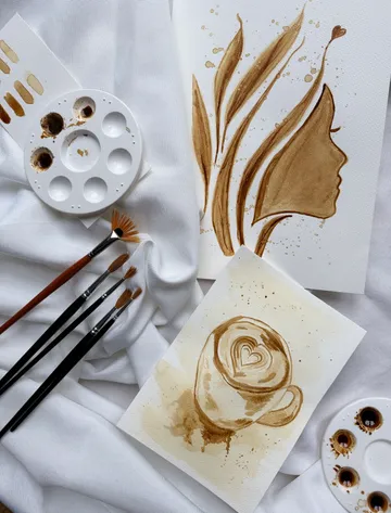 Coffee art paintings, brushes on white fabric.