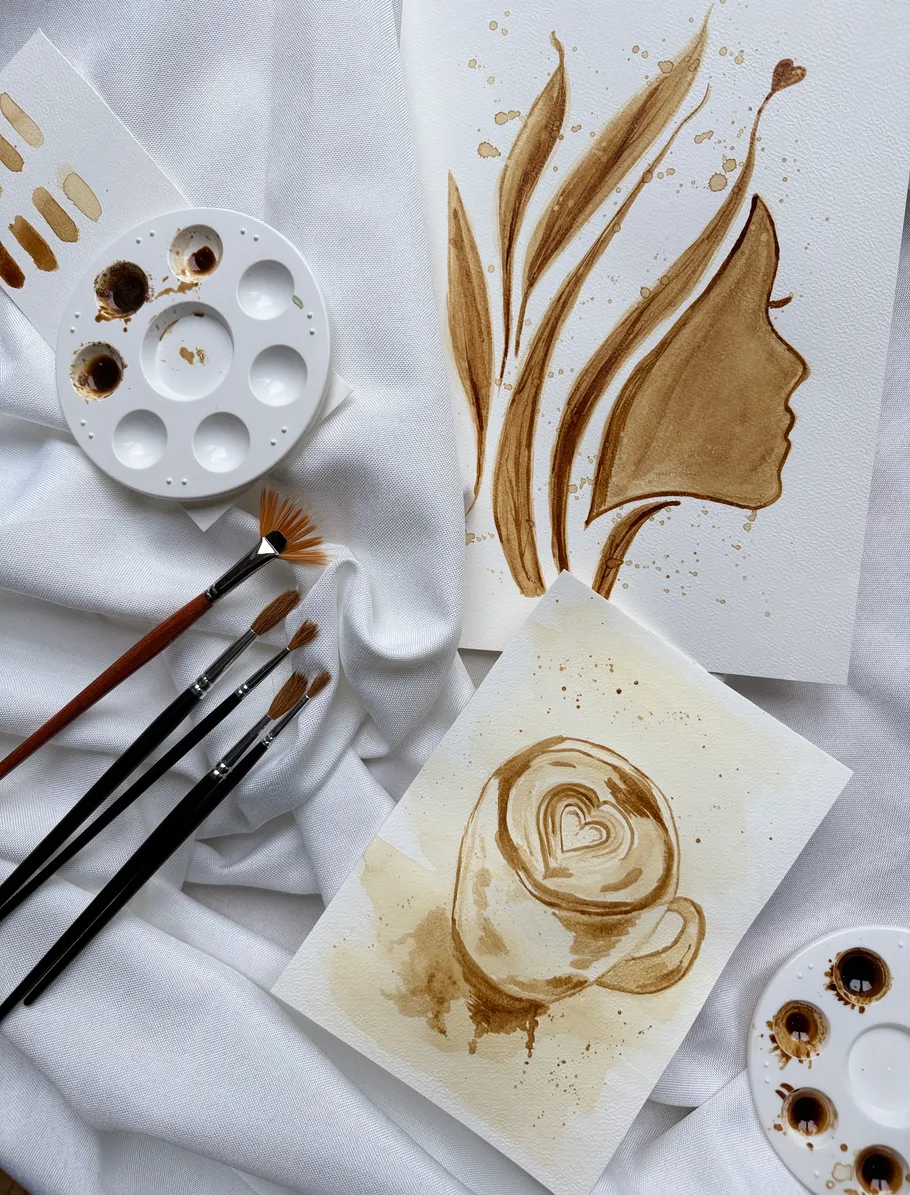 Kaffee-Kunstgemälde, Pinsel auf weißem Stoff.