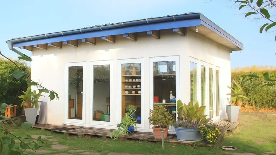 Kleines weißes Gartenhaus mit Glastüren.