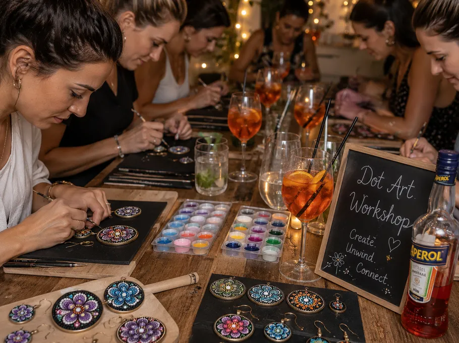 Women creating dot art at a workshop.