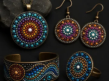 Colorful mandala jewelry on a black background.