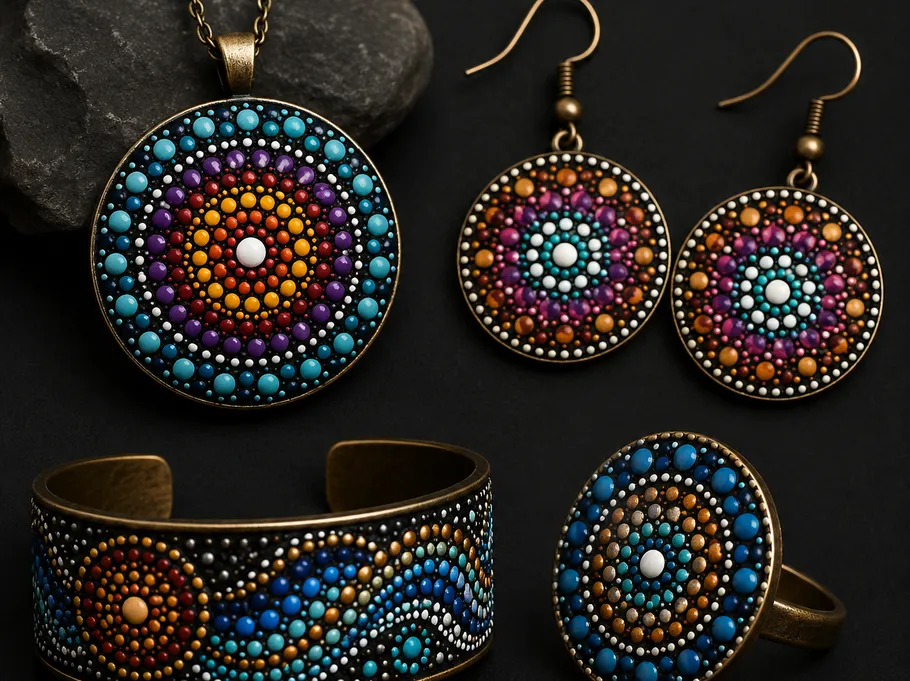 Buntes Mandala-Schmuck auf schwarzem Hintergrund.