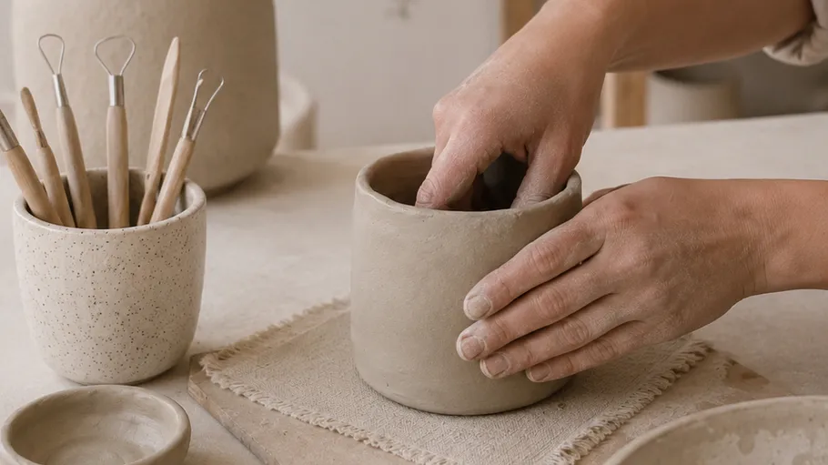 Hands shaping clay pot on crafting table.
