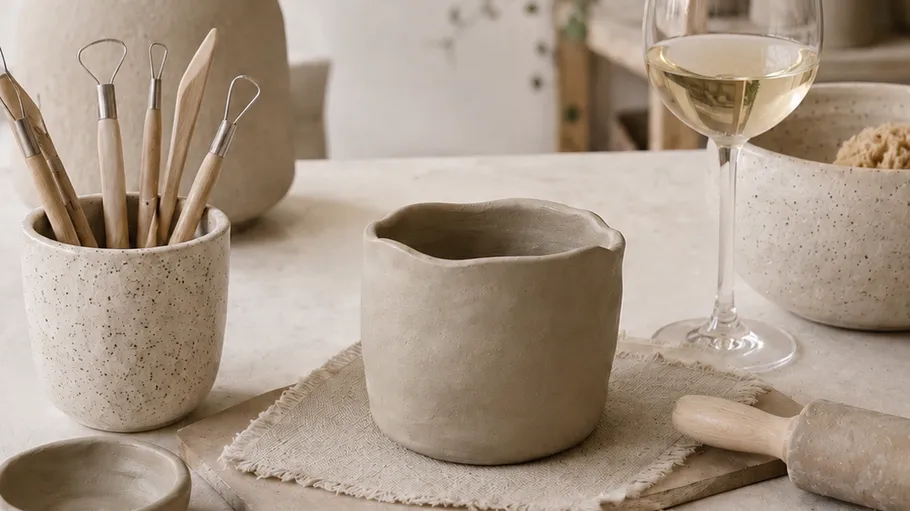 Handcrafted pottery tools on a table.