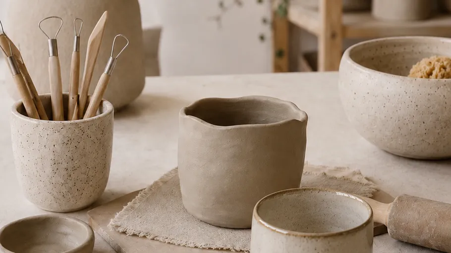 Ceramic tools and pots on a table.