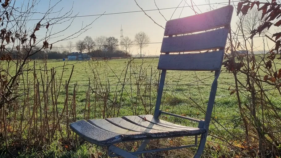 Metallstuhl auf Wiese, morgensonne.