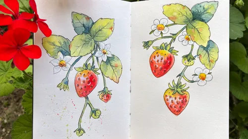 Strawberry watercolor sketches on open notebook outside.