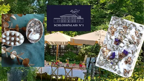 Elegant outdoor table under umbrellas, decorative items displayed.