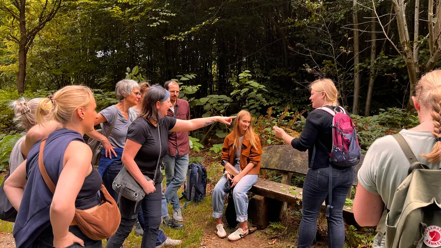 Menschen diskutieren Pflanzen in einem Wald.