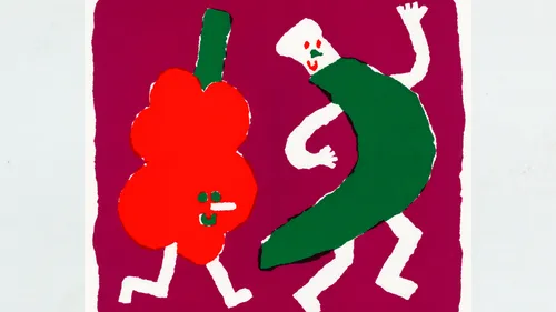 Cartoon-Paprika und Gurke tanzen fröhlich.