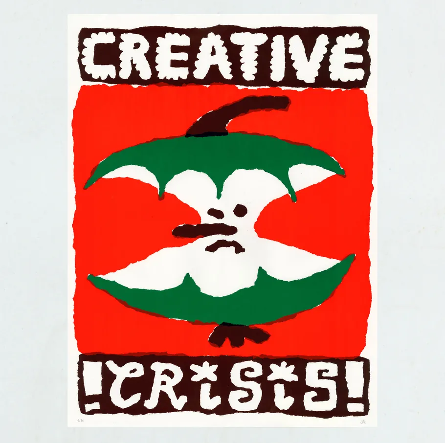 Illustration eines Apfelkerns mit Text 'Creative Crisis'.