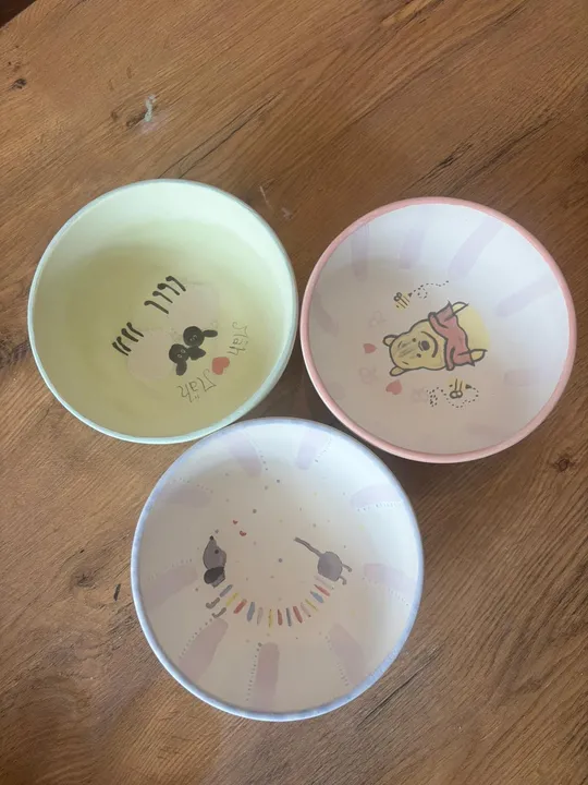 Three cartoon-adorned bowls on wooden table.