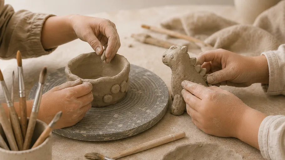 Hands crafting clay cup and dinosaur figurine.