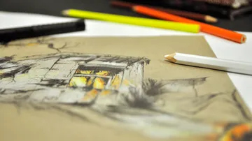 Sketch with pencils and markers on paper.