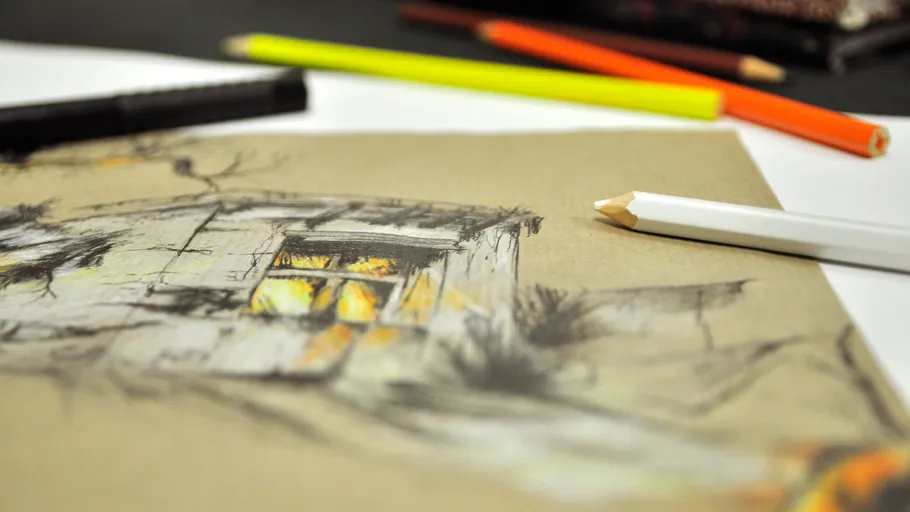 Sketch with pencils and markers on paper.