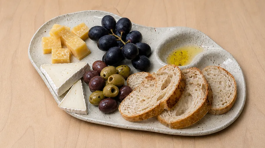 Cheese, grapes, and bread on ceramic platter.