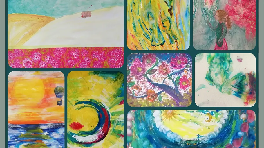 Colorful abstract art collages, various themes displayed.