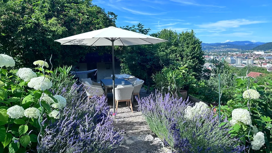 Gartenpatio mit Lavendel und Stadtblick.