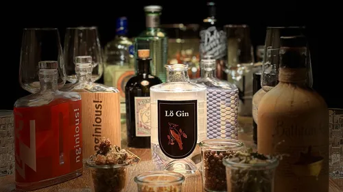 Assorted gin bottles on a wooden table.