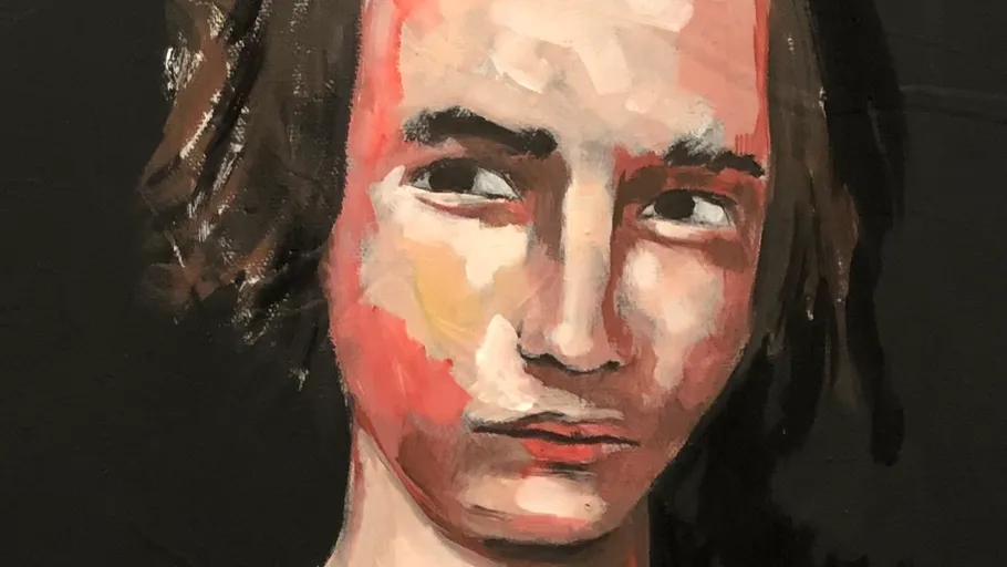 Portrait painting of person with neutral expression.