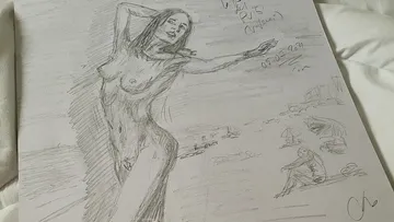Bleistiftzeichnung einer Frau am Strand.