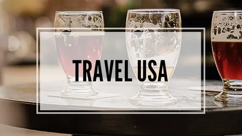 Three beer glasses on a table, travel text overlay.