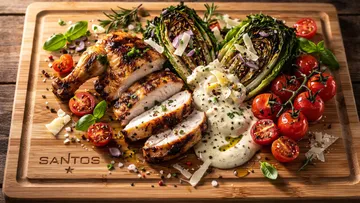 Grilled chicken, lettuce, cherry tomatoes on wooden board.