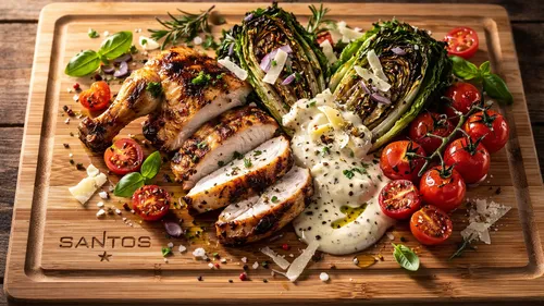 Gegrilltes Huhn, Salat, Kirschtomaten auf Holzbrett.