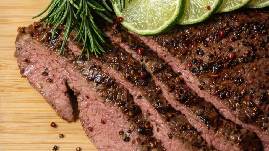 Geschnittenes Steak mit Kräutern und Limette auf Brett.