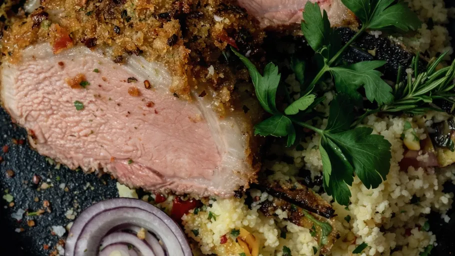 Cooked lamb served with couscous and garnish.