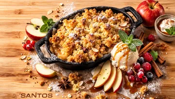 Apple crumble with ice cream on wooden board.