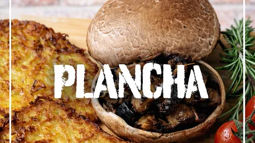 Portobello-Pilz mit Gemüse, Text Plancha.