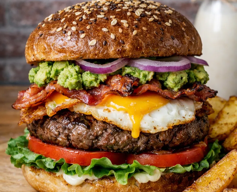 Burger with bacon, egg, avocado, and vegetables.