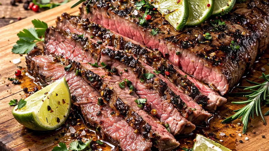 Grilled steak sliced on wooden board.
