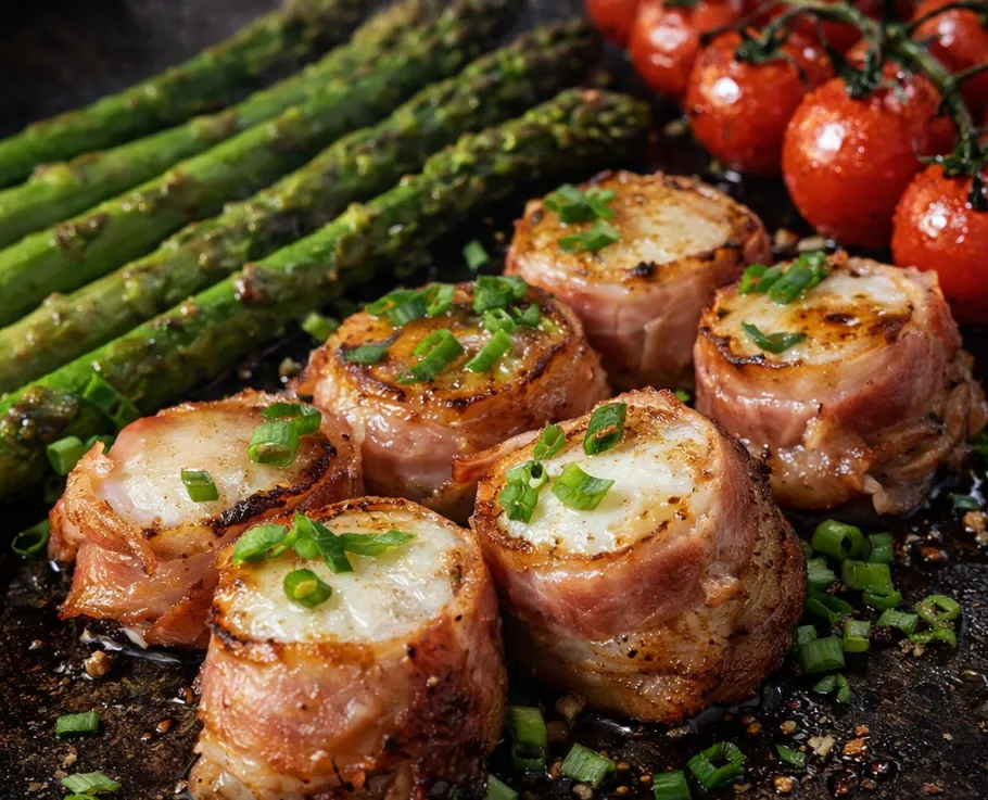 Bacon-wrapped scallops, asparagus, tomatoes on skillet.