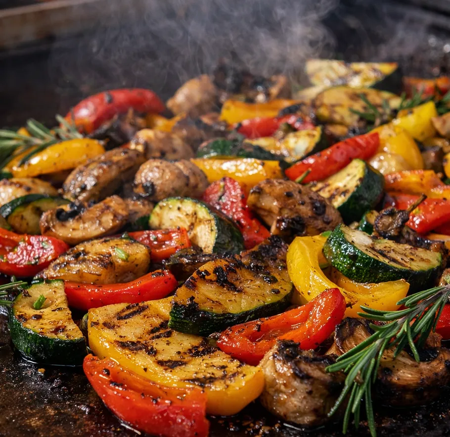 Gegrilltes Gemüse mit Kräutern auf heißer Fläche.