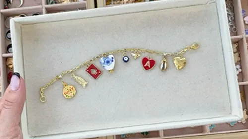 Charm bracelet with various charms in a box.