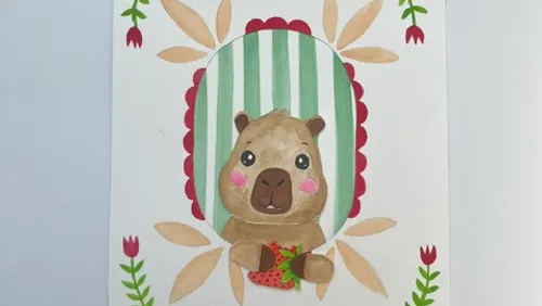 Cute capybara with strawberry on painted card.