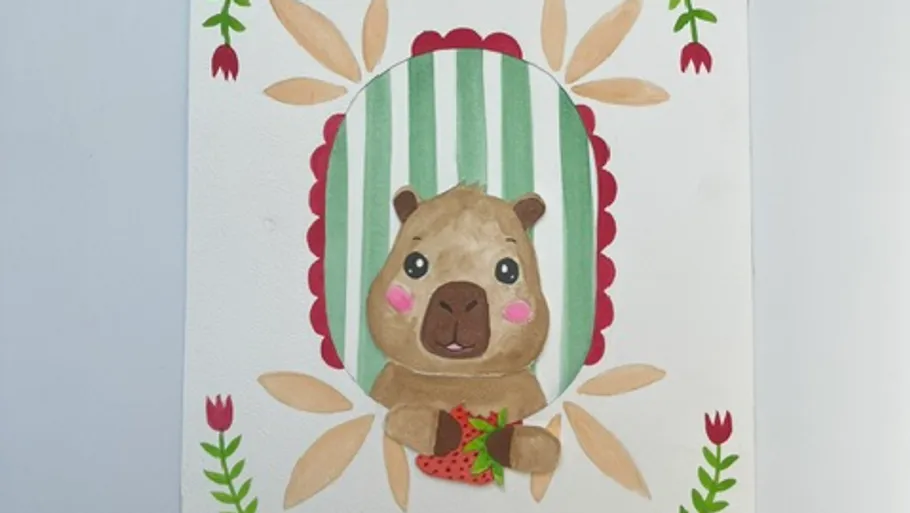 Cute capybara with strawberry on painted card.